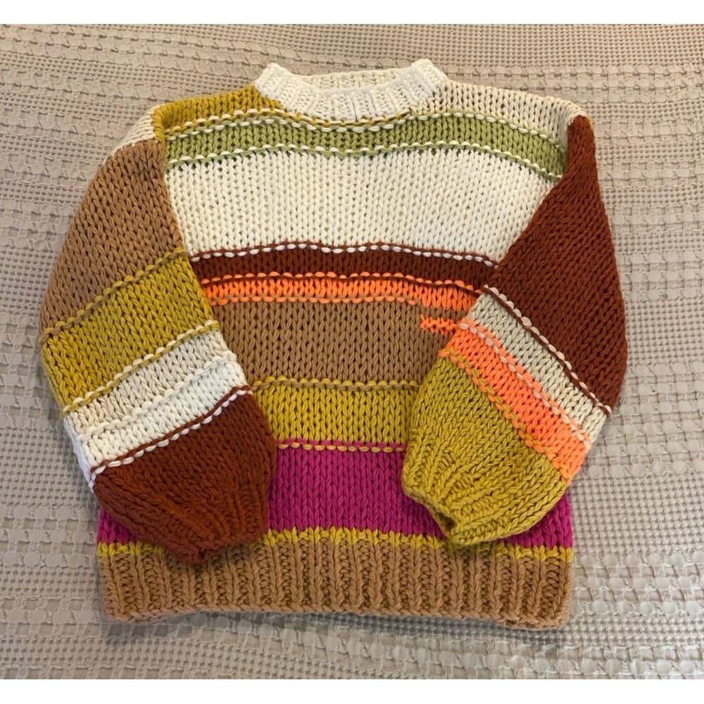 Listicle Hand Knit Sweater Crew Neck Color Block Oversized Large Rust Green Pink